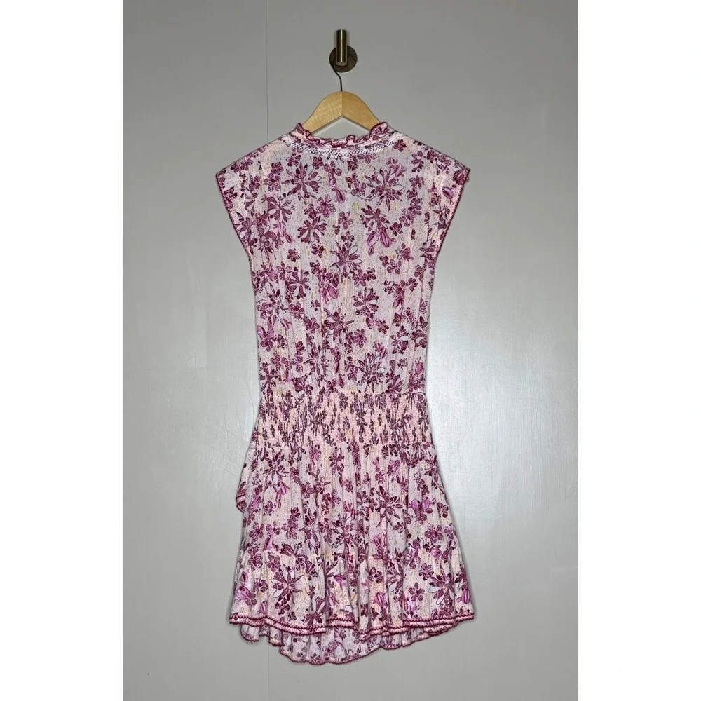 Poupette St Barth Pink Floral Smocked Mini Dress XS Lace Trim Faux Wrap - Picture 5 of 7
